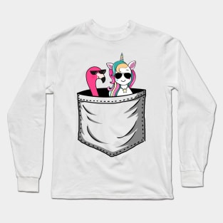 Unicorn And Flamingo In Pocket Funny Long Sleeve T-Shirt